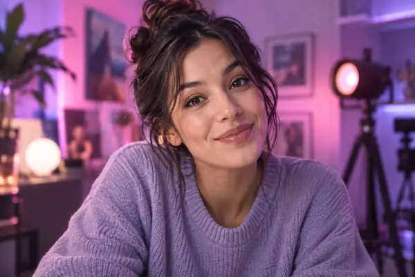 ピンクと紫の照明に照らされた表情豊かな会話用キャラクター。ビデオ会話向けの構図。