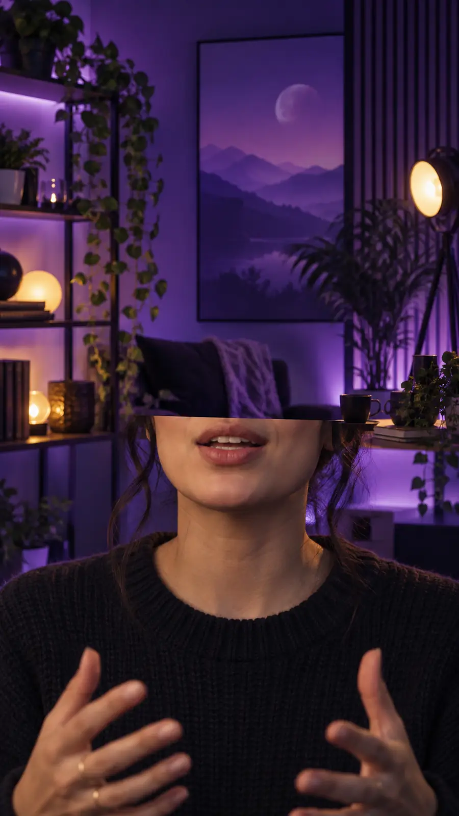 Illustrative talking head frame emphasizing the background